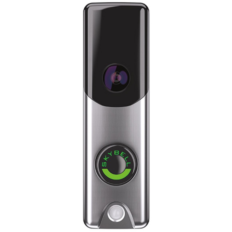 The Alarm.com Slim Line Doorbell Camera features a doorbell with an integrated camera.